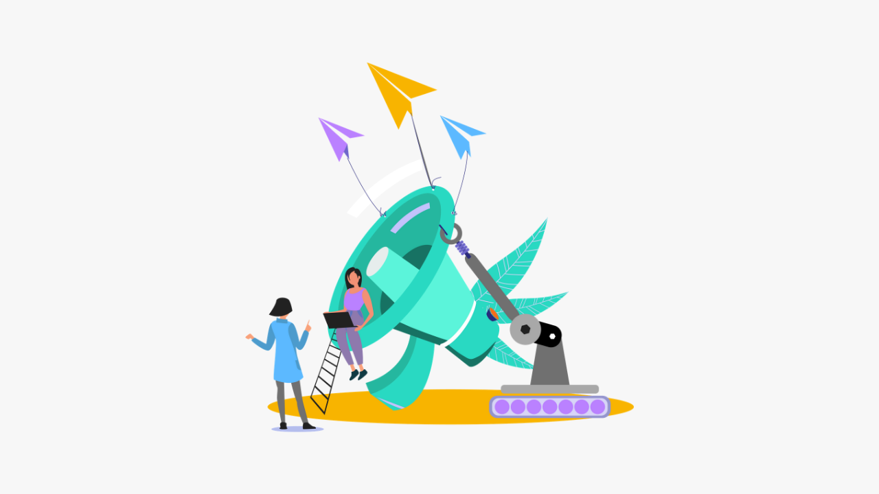 Two people working on a megaphone.