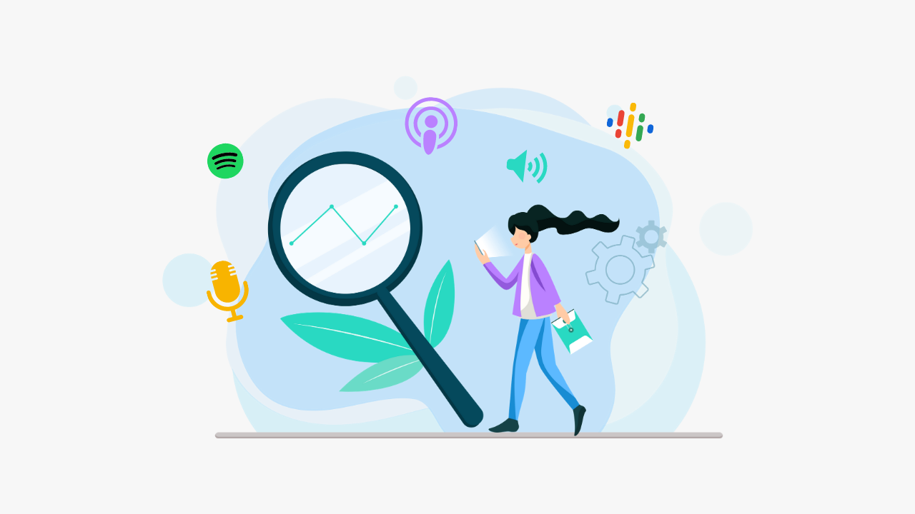 Lady walking, looking at her phone, and a magnifying glass zooming into a graph with a upwards line graph. 