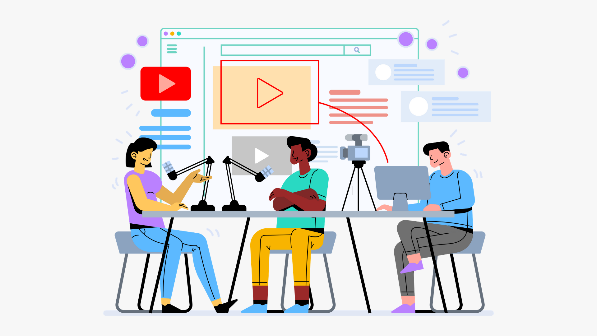3 people making a video podcast and uploading it onto YouTube
