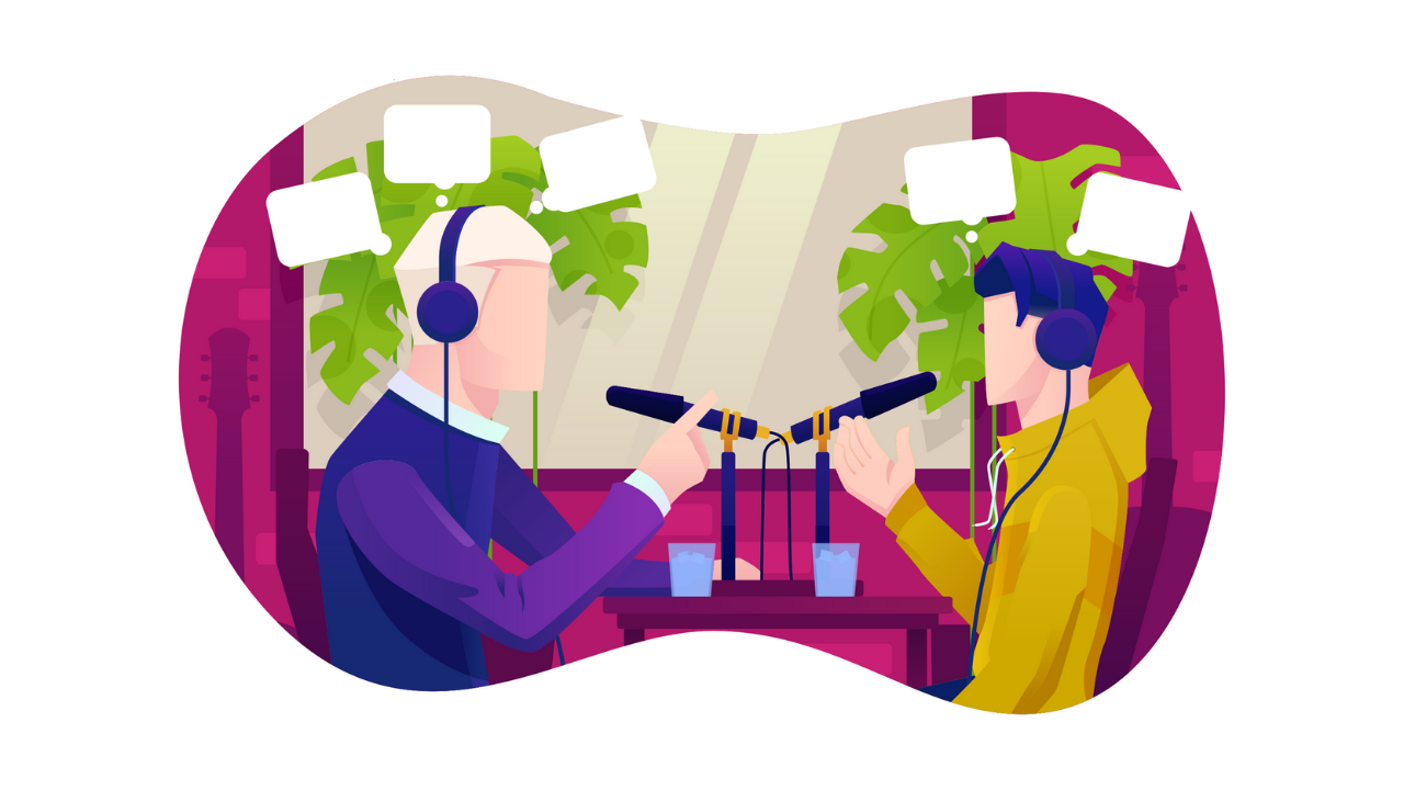 two men discussing benefits of podcasts and videos with speech bubbles over their head - vector image